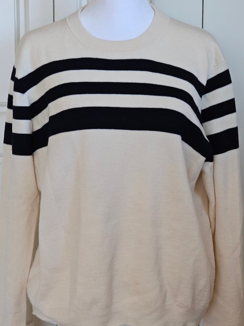 J.Crew XL 100% Merino Wool Striped Sweater Cream Navy Breton Net-a-Porter - Picture 2 of 9